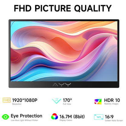 AYY Portable Monitor for Laptop 15 Inch, FHD 1080P USB-C HDMI Travel Monitor External for Computer, Second Display HDR IPS Gaming Monitor Extender for PC MAC Phone PS4/5 Xbox Switch, Built-in Speakers