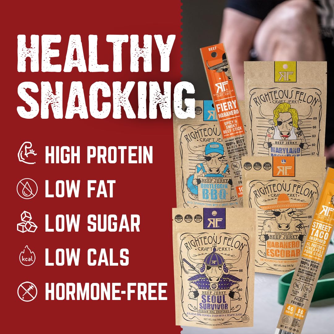 Righteous Felon Beef Jerky & Meat Sticks Variety Pack | Gluten Free Beef Jerky Snack Packs for Adults | High Protein, Keto, Low Sugar | Made with Premium Meats | Gifts for Men | Spicy Jerky 6 Pack