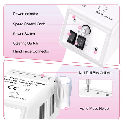 20000RPM Electric Nail Drill Professional Nail File Drill Acrylic Nails Kit for Manicure Gel Nail Polish Remover with 1 Pack of Sanding Bands(Pink)