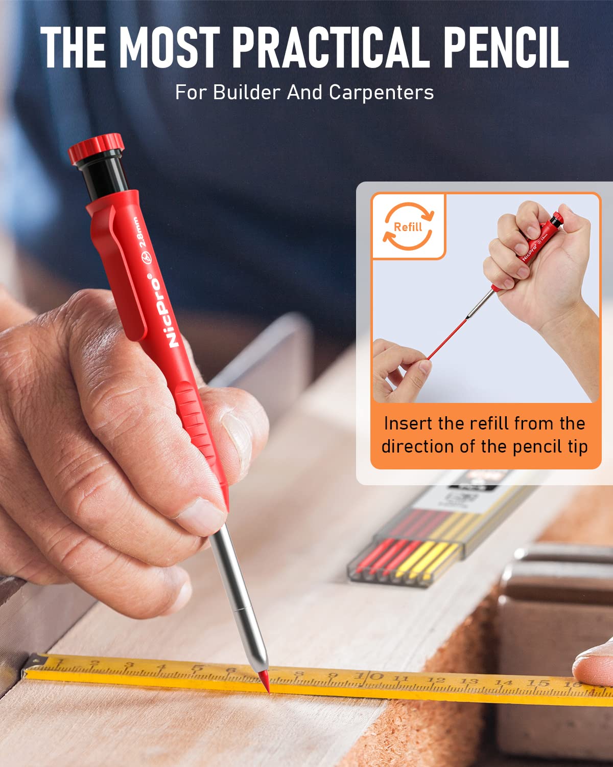Nicpro 2Pack Carpenter Pencil with Sharpener, Mechanical Carpenter Pencils with 26 Refills (Red, Black, Yellow), Heavy Duty Construction Pencil, Woodworking Pencils for Architect