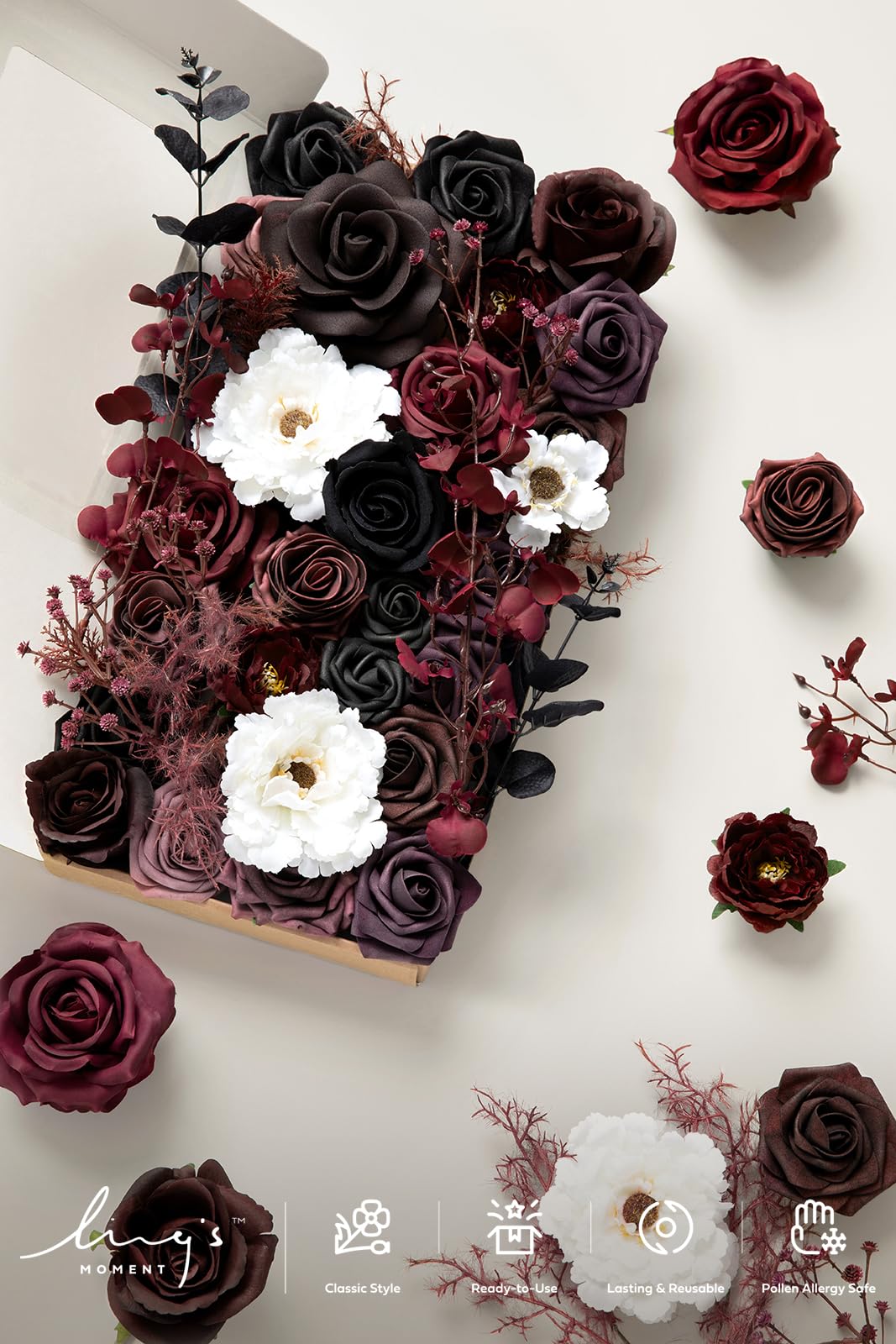 Ling's Moment Moody Burgundy & Black Artificial Flowers and Greenery Deluxe Combo Box Set, Goth Fake Flower for DIY Wedding Bridal Bouquet, Centerpieces Decor, Floral Arrangement Decor, etc.
