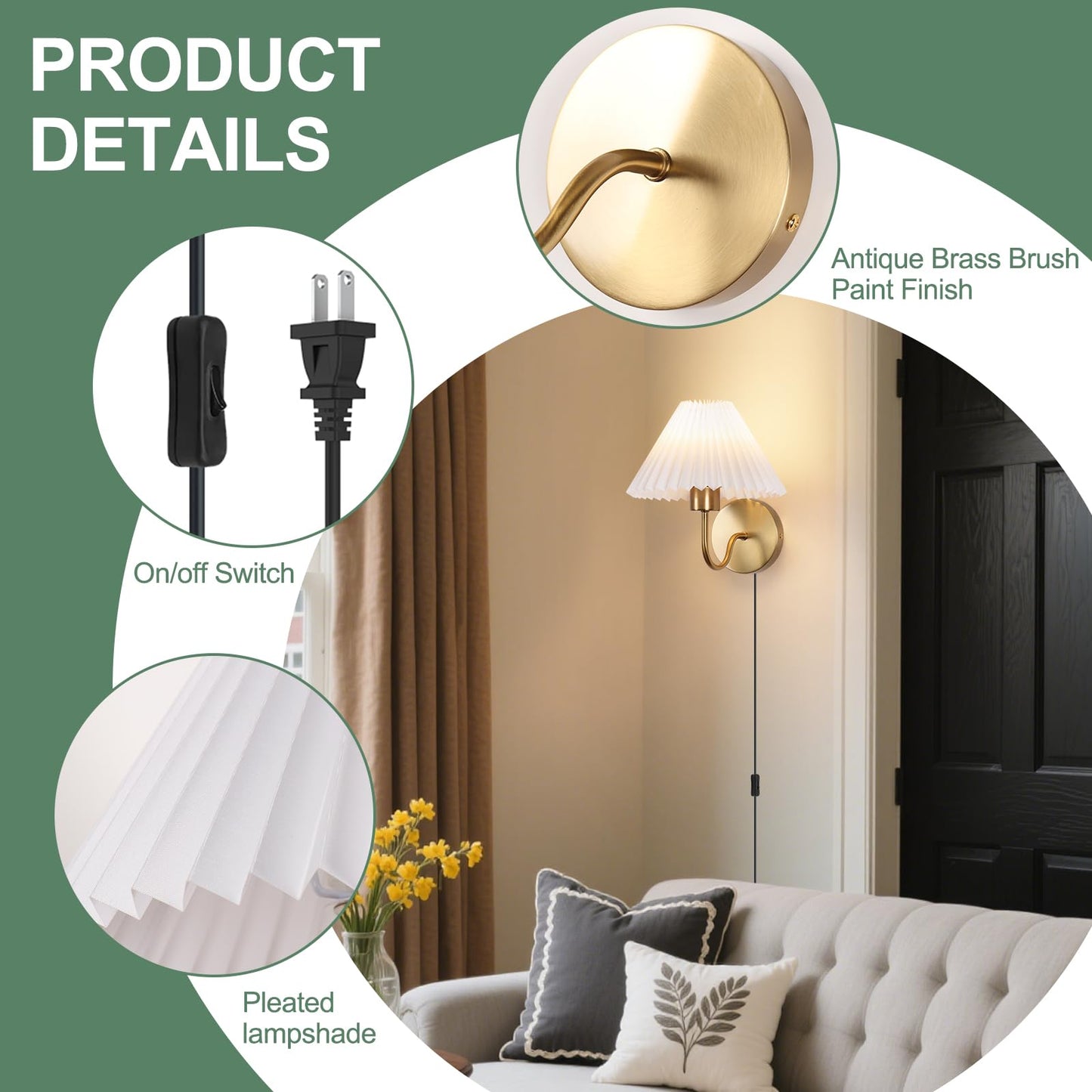 ADISUN Wall Sconces Sets of 2, Golden Plug in Wall Sconces with Switch for Dresser, Classic Cord Wall Lamp for Bedroom Living Room Bathroom Dining Room Corridor Staircase