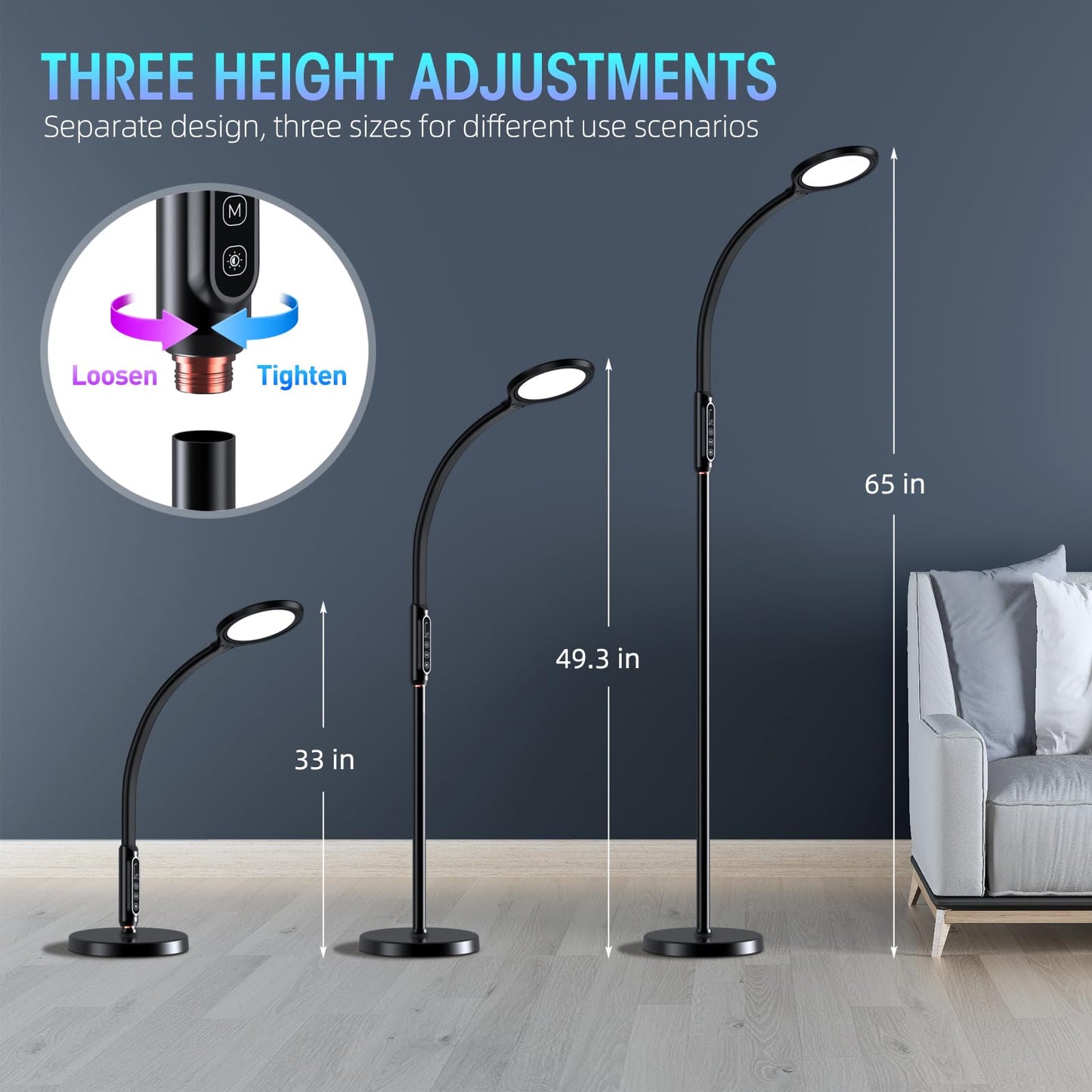 FBBJFF Happy Light Therapy lamp 11000 Lux, LED UV-Free Sunlight lamp,Full Spectrum Happy Therapy lamp with 10 Adjustable Brightness Levels, 2 in 1 Retractable Floor Sad Lamp (Black)