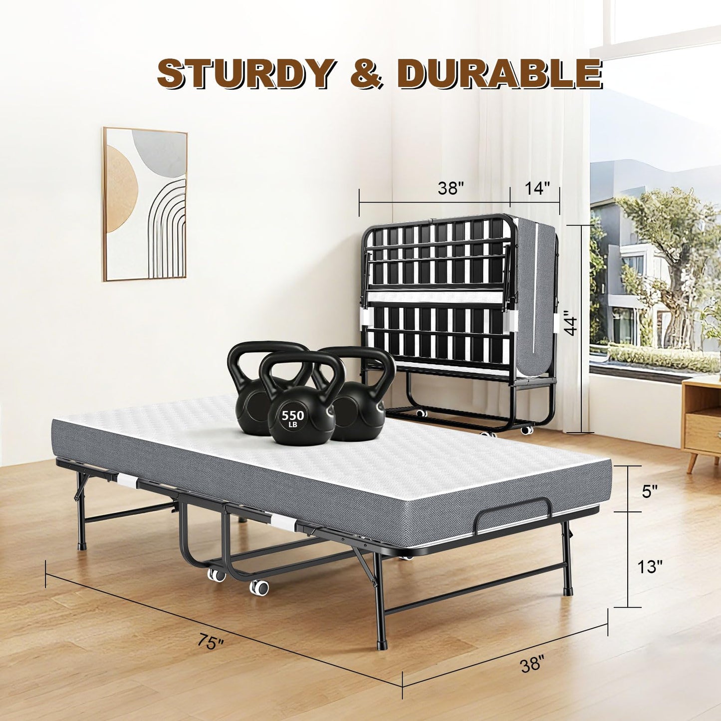 FYYXTEE Folding Bed with Memory Mattress, Twin Portable Roll Away Guest Cot with Wheels, Widened Grid Support Frame for Adults, Space-Saving for Office, Room, Basement, Small Apartment, 75" x 38"