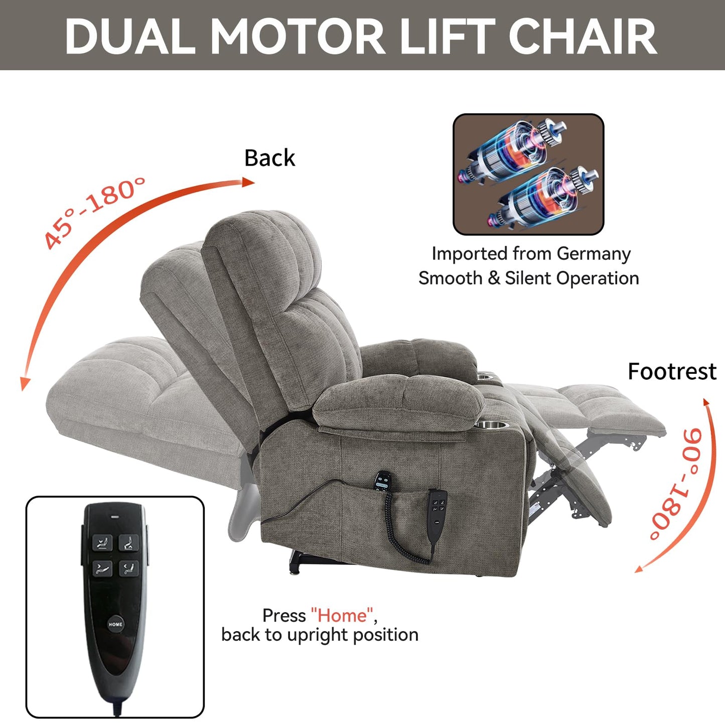 Dual Motor Power Lift Recliner Chair with Heat and Massage, Infinite Position Lift Chair, Oversized Chenille Recliner with 8-Point Vibration, Cup Holders and Side Pockets for Living Room, Brown