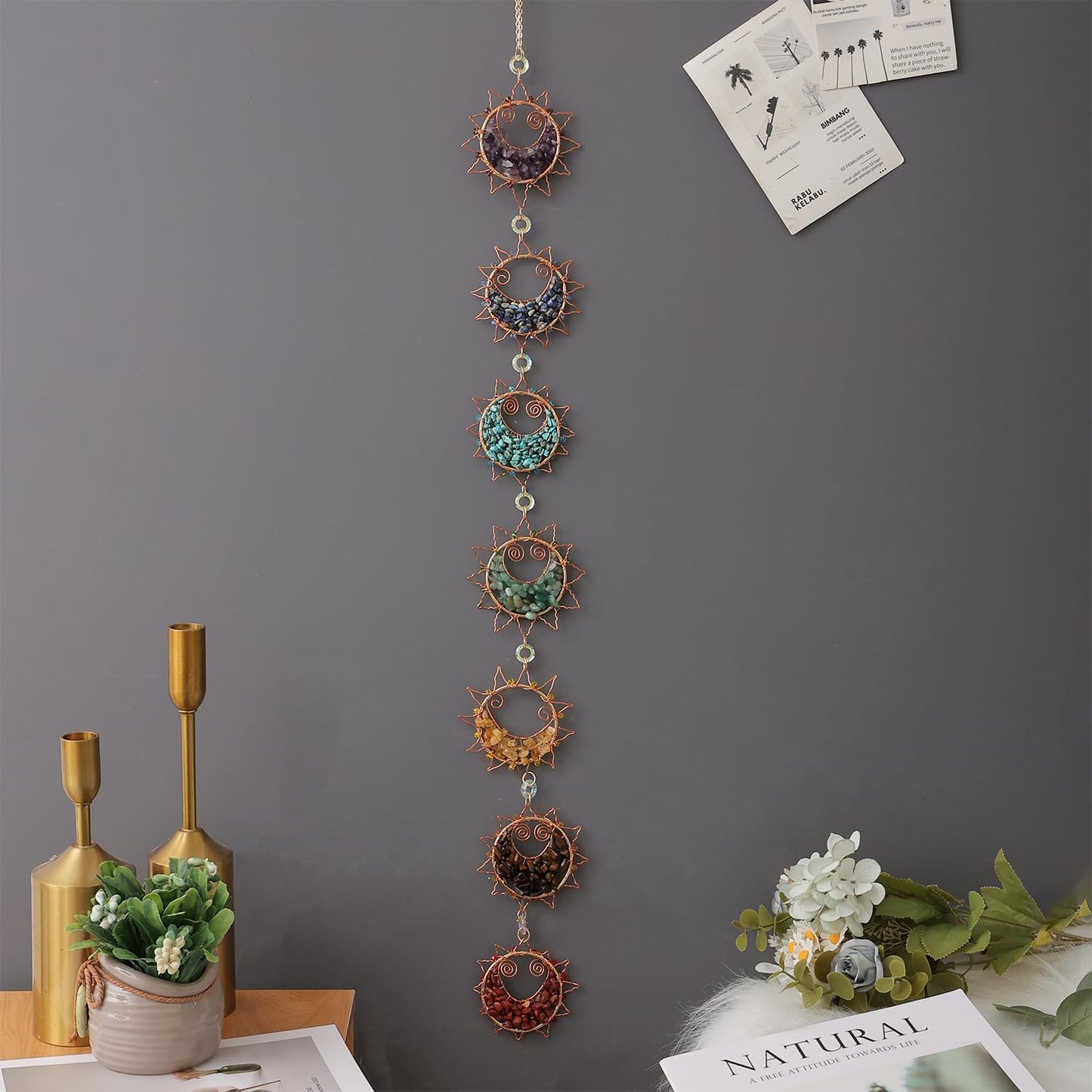 7 Chakra Healing Crystals Hanging Ornament，Handmade Sun Chakra Stones Natrual Gemstones Wall Hanging Ornaments for Home Decor Yoga Meditation (7 Chakra Sun)
