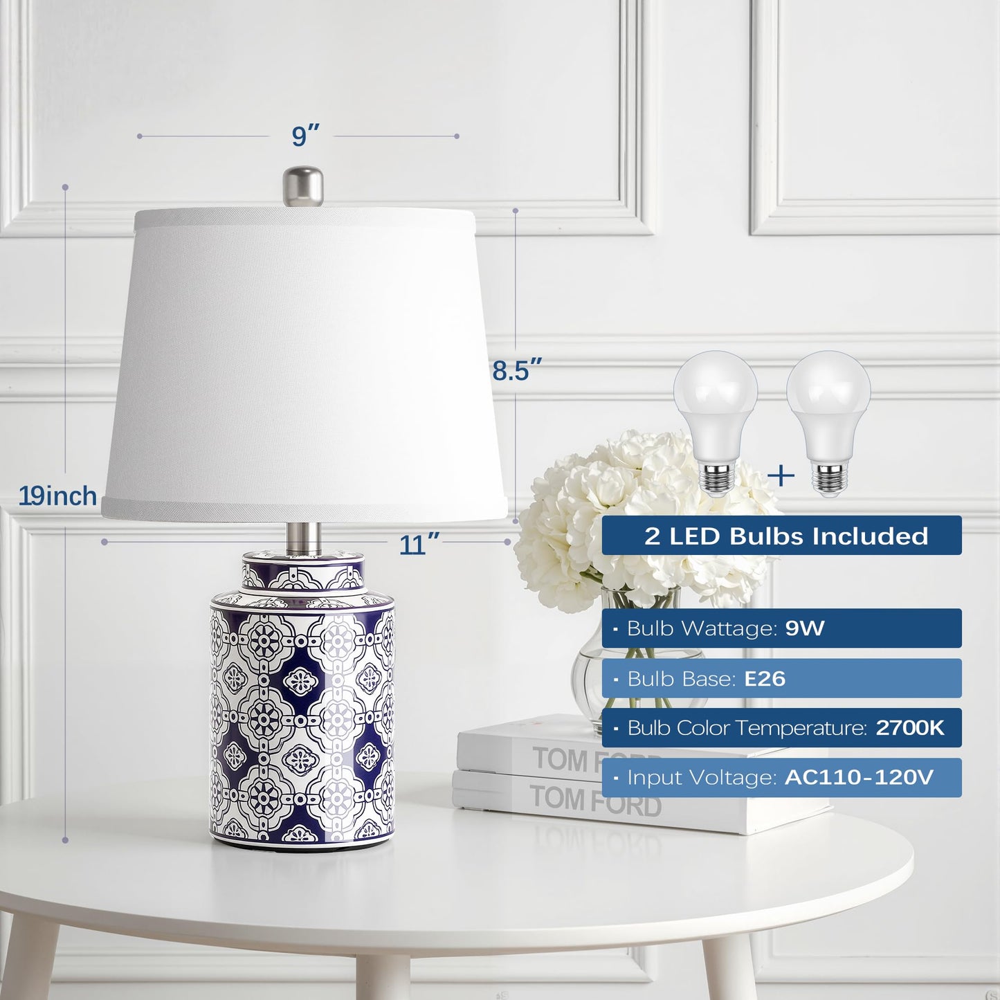Qimh Chinoiserie Ceramic Table Lamps for Living Room, Small Bedside Lamps Set of 2 with Linen Lampshade, Modern Traditional Blue and White Lamp for Bedroom Office Nightstand Home Decor(Bulbs Included)