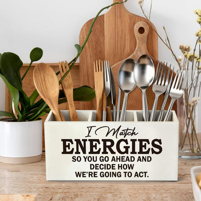 ELMCH Inspirational Office Pen Pencil Holder, Inspirational Gifts for Women Men Wood Desk Organizer and Accessories, I Match Energies Motivational Pen Holder Desk Organizer for Office Tabletop