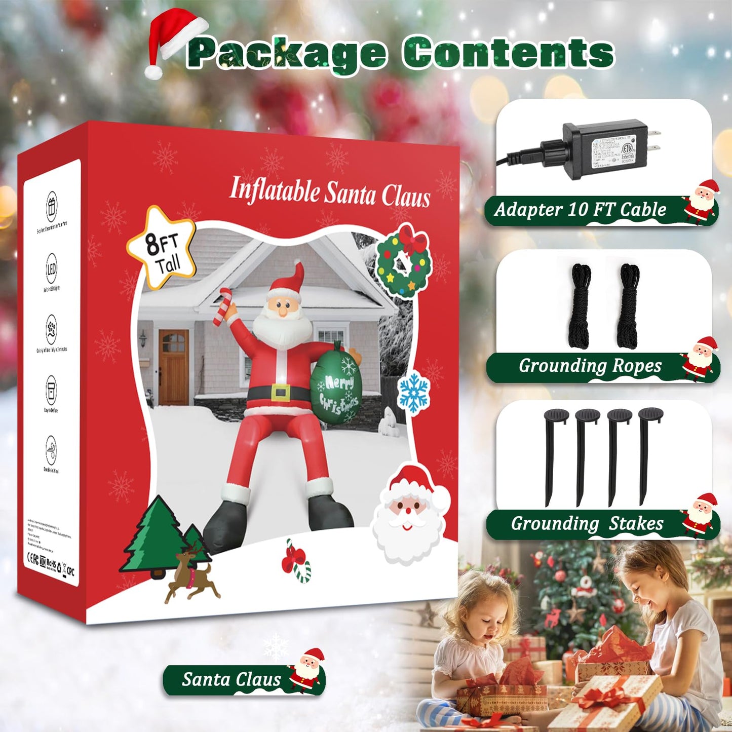 8FT Inflatable Sitting Santa Claus Christmas Outdoor Decorations, Blow Up Santa Claus with Gift Bag Sitting on Roof Wall Tree Chair, Xmas Outdoor/Indoor Decorations for Street House Patio Bench Shrubs