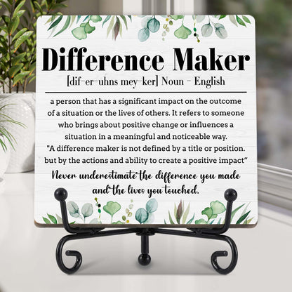 OXRUN Difference Maker Gift，Greenery Thank You Gifts for Teacher Boss Coaches Leader Coworkers Therapist Supervisor, Teacher Desk Plaque Office Decor - E03