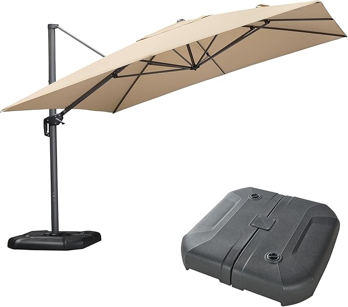 PURPLE LEAF 11.5' X 11.5' Telescopic Patio Umbrella with Base Included Lifting Cantilever Offset Square Large Umbrella for Pool Outdoor Patio Deck Garden Beige