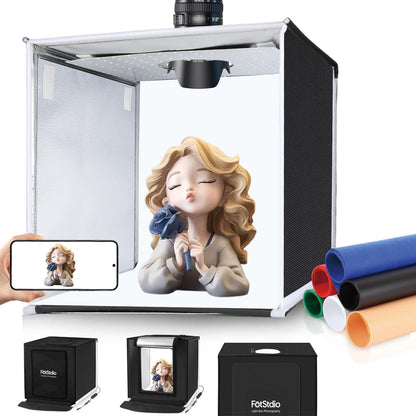 FotStdio 16x16 Inch Photo Studio Light Box Photography with 144 LEDs (CRI>95) & 6 Backdrops, Portable/Dimmable Folding Shooting Tents for Toys/Jewelry/Watches/Cosmetics/Food