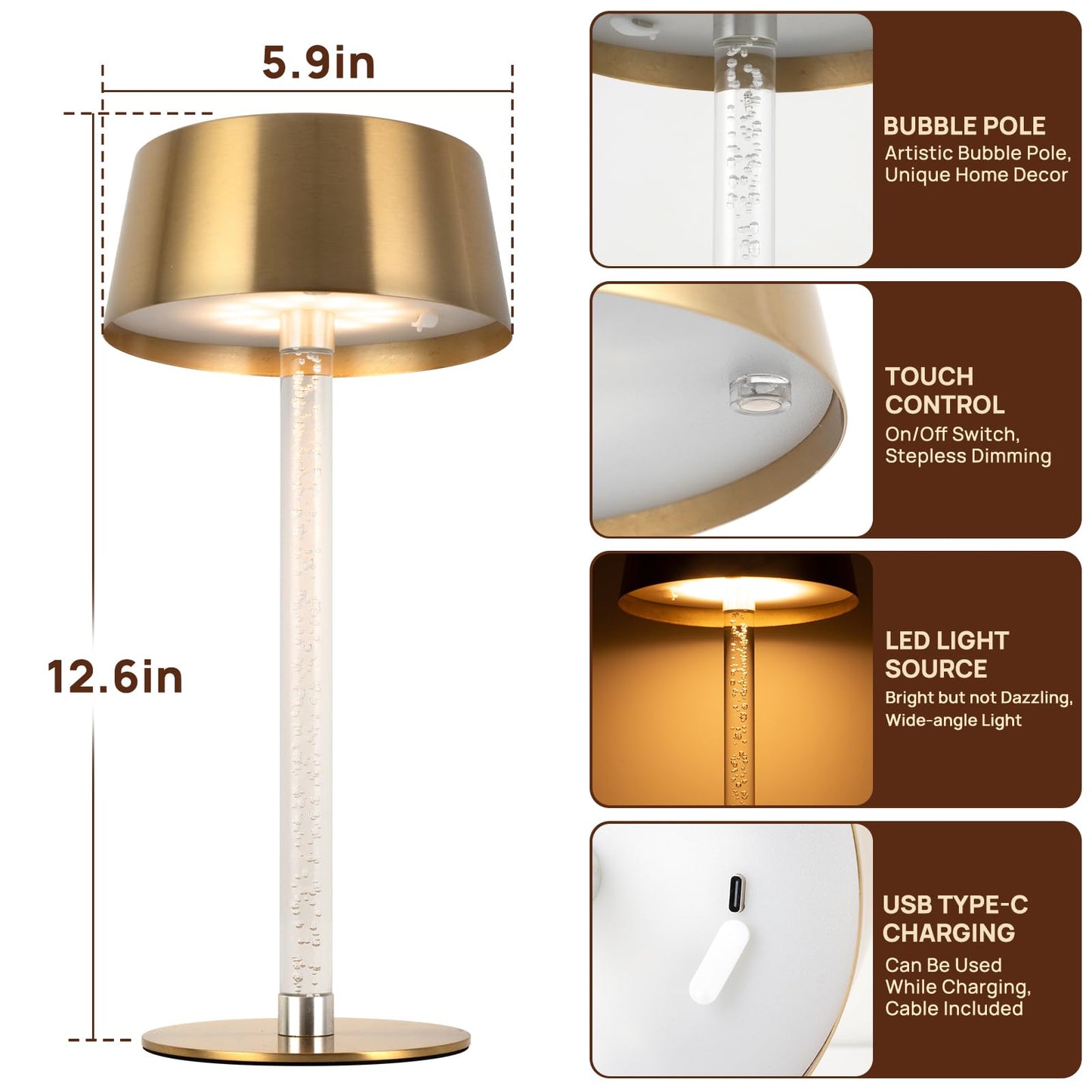 SisiHokai Waterproof Shower Rechargeable Lamp Cordless, LED Touch Battery Operated Table Lamp, Dimmable, Modern Home Decor, Outdoor, Patio, Bathroom, Bedroom, Bedside, Kitchen, Gold