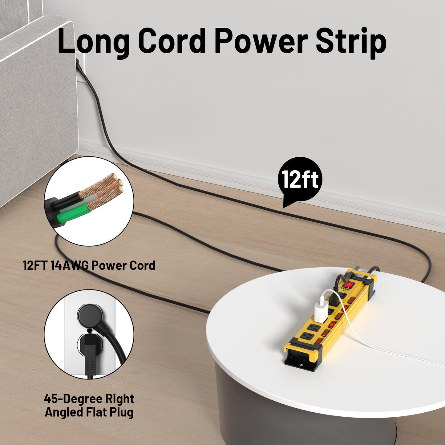 Power Strip Surge Protector 2700J with Individual Switches and Flat Plug, 3FT Heavy Duty Cord 6 Wide Spaced Outlet Mountable Metal Power Strips with Cord Manager and Hanger