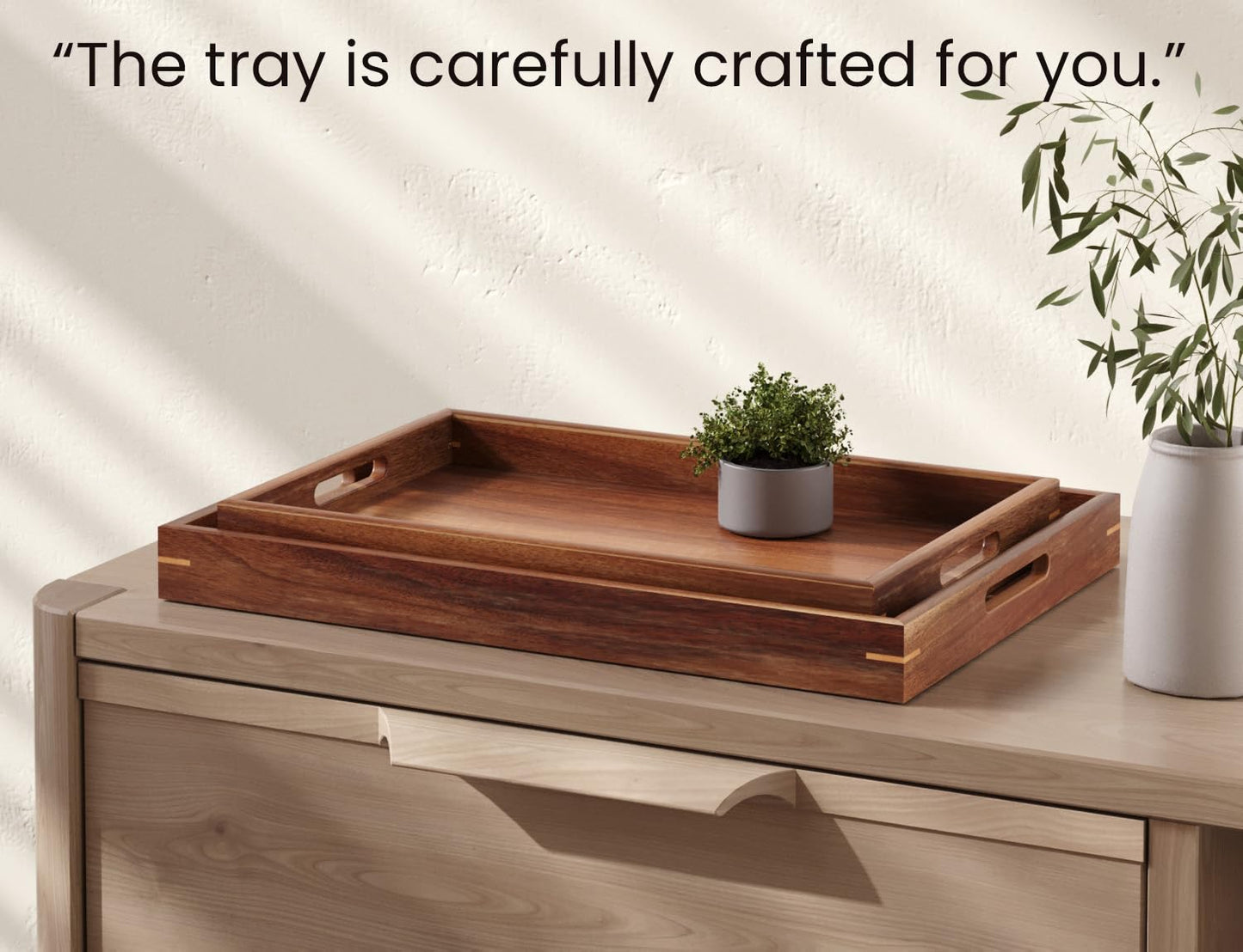 Fibogollo Set of 2 Acacia Wood Serving Tray with Handles,Decorative Trays Platter,Breakfast Tray in Bed,Food Drinks Tray for Eating,Working,Storing(Brown)