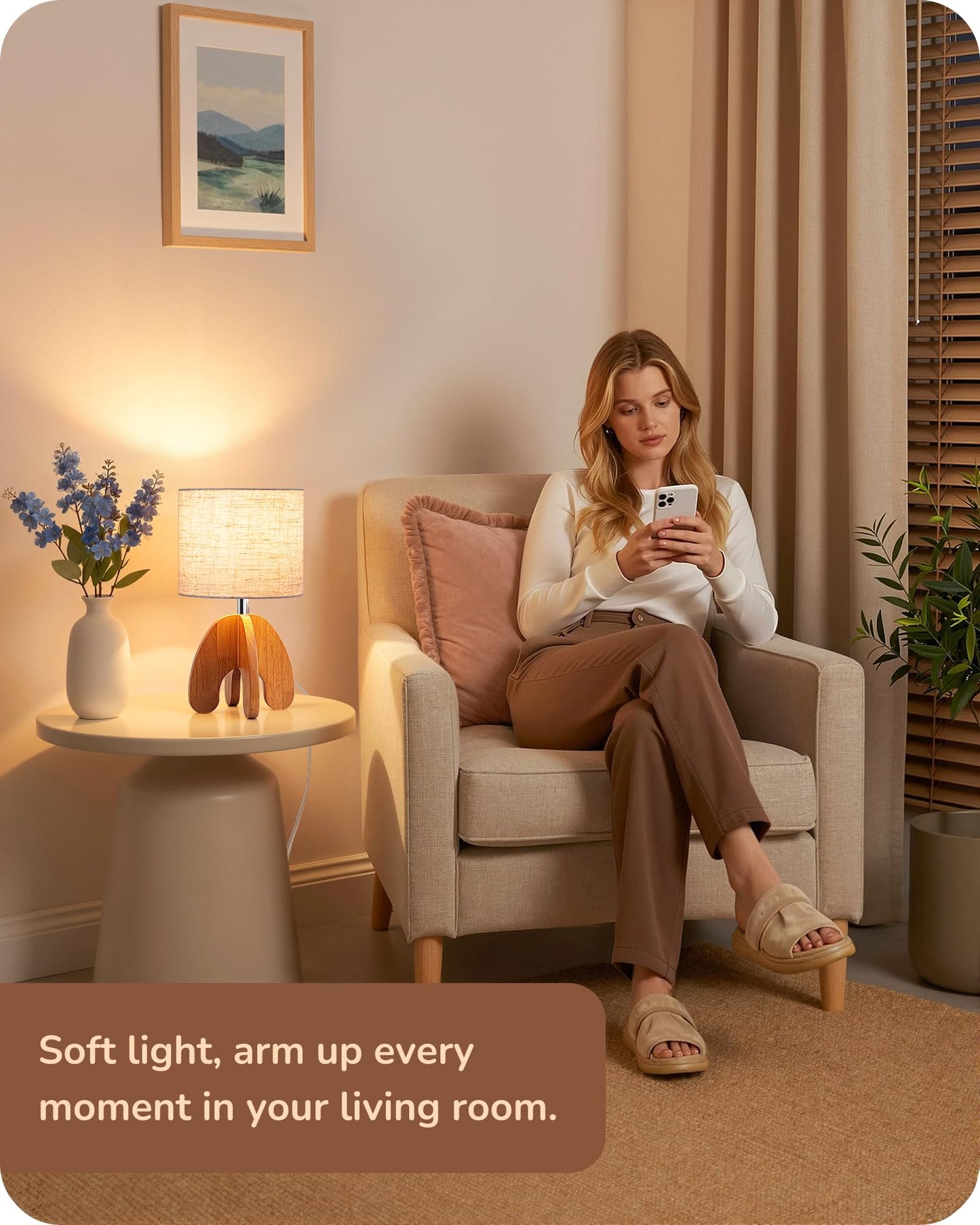 EDISHINE Wood Table Lamp, Small Nightstand Lamp with Beige Linen Lampshade, Integrated Four-Legged Wooden Base, End Bedside Lamp for Nursery, Bedroom, End Table, ON/Off Switch, E26, 14.17"