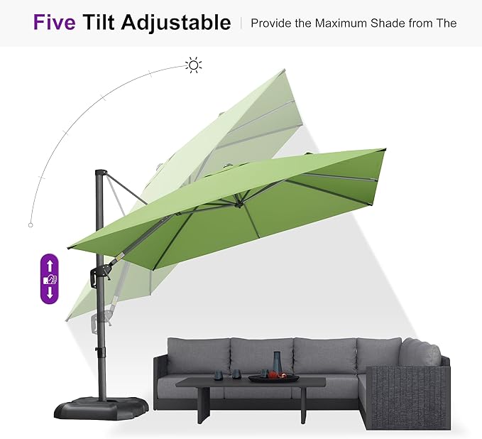 PURPLE LEAF 10 Feet Square Cantilever Umbrella Patio Umbrella with Base Outdoor Umbrella Aluminum Offset with 360-degree Rotation for Garden Deck Pool Patio Apple Green