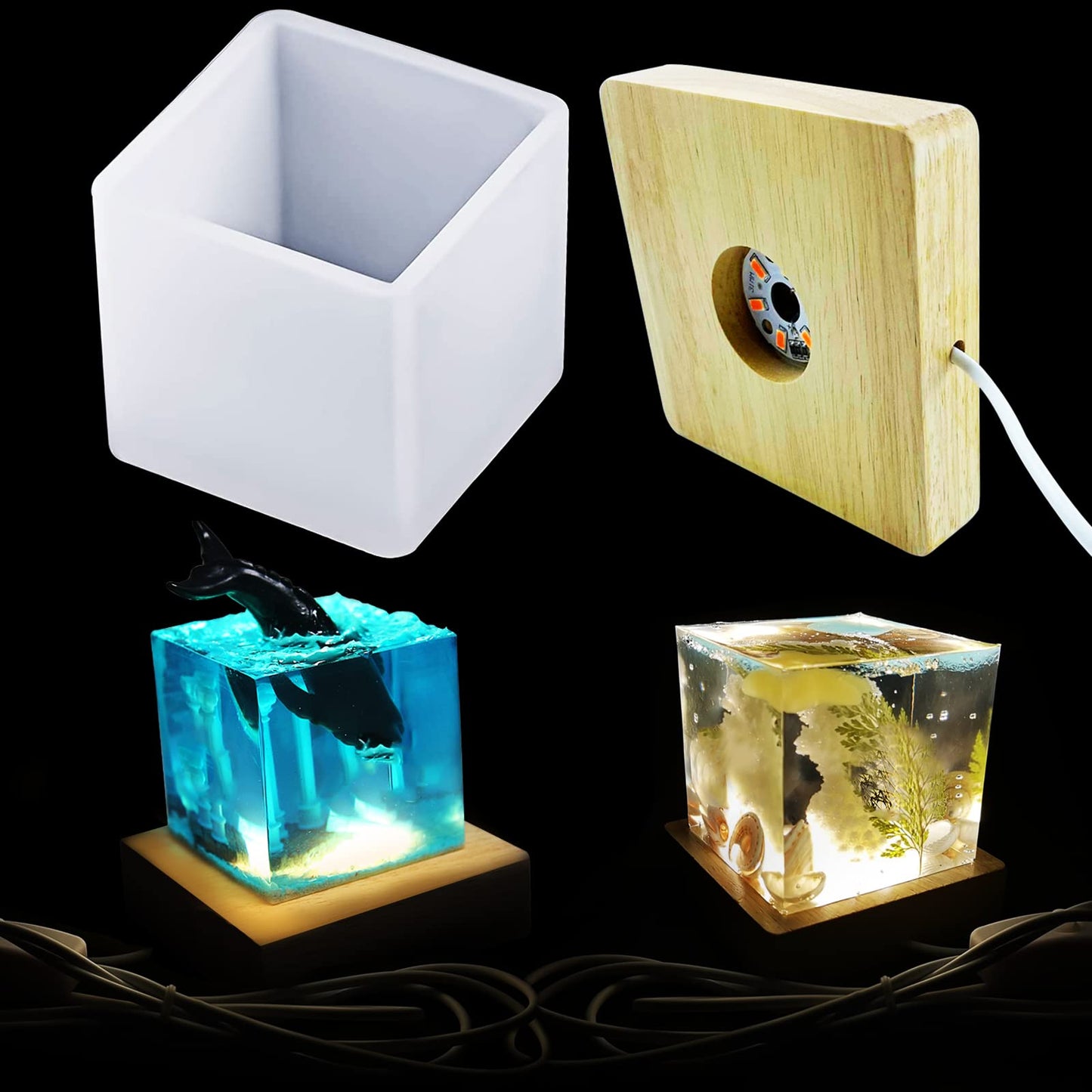 Voaesdk Light Resin Square Molds,Large Cube LED Silicone Moulds for Resina with USB Powered Wooden Lighted Base for DIY Crystal Resin Art Table Lamp Home Decoration