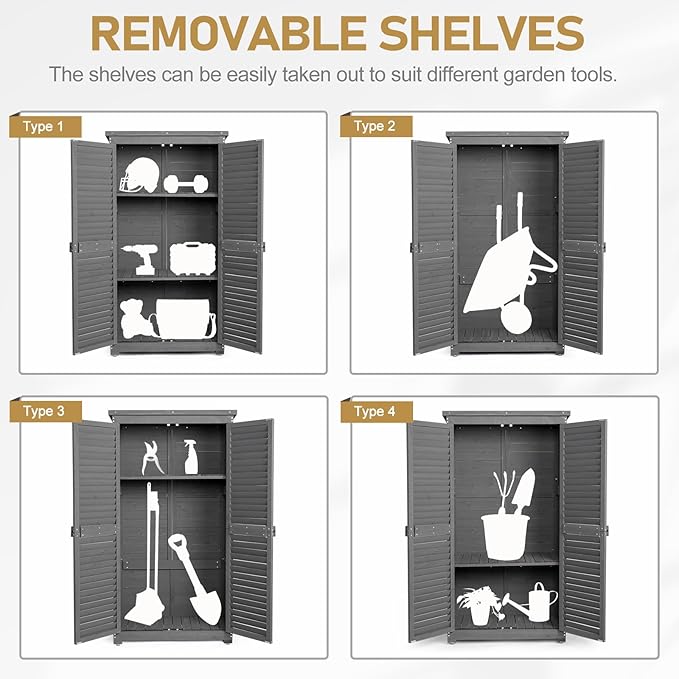 Outvita Outdoor Storage Cabinet, 63in Wooden Garden Tools Shed with 2 Lockable Doors, 3 Adjustable Shelves, Waterproof Roof for Yard Garge Patio Deck Porch（Grey）