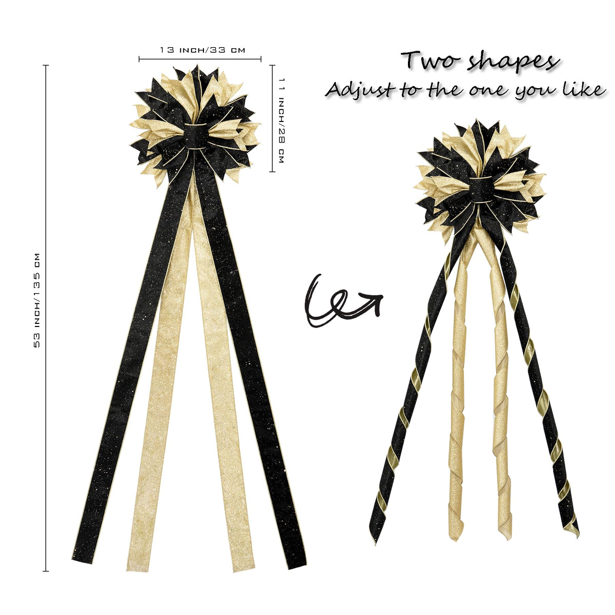 Hismir Christmas Tree Topper Bow, 53x13 Inches Large Christmas Bow with Glitter Streamer, Decorative Ribbon Bows for Xmas Tree Wreath Door Festival Home Decor(Black & Gold)