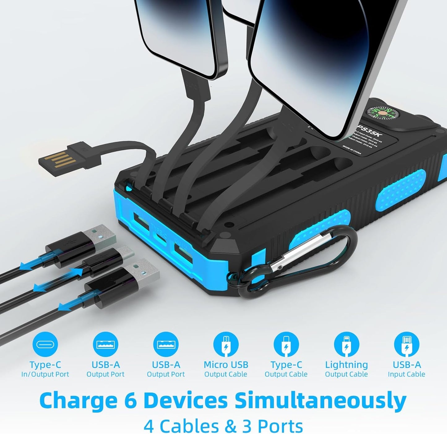 Solar Charger Power Bank 20,000mAh, Portable Charger, 4 Cables 3 Ports Fast Charging External Battery Pack with USB C for Cell Phones, Solar Panel Charger with Dual Flashlight for Camping