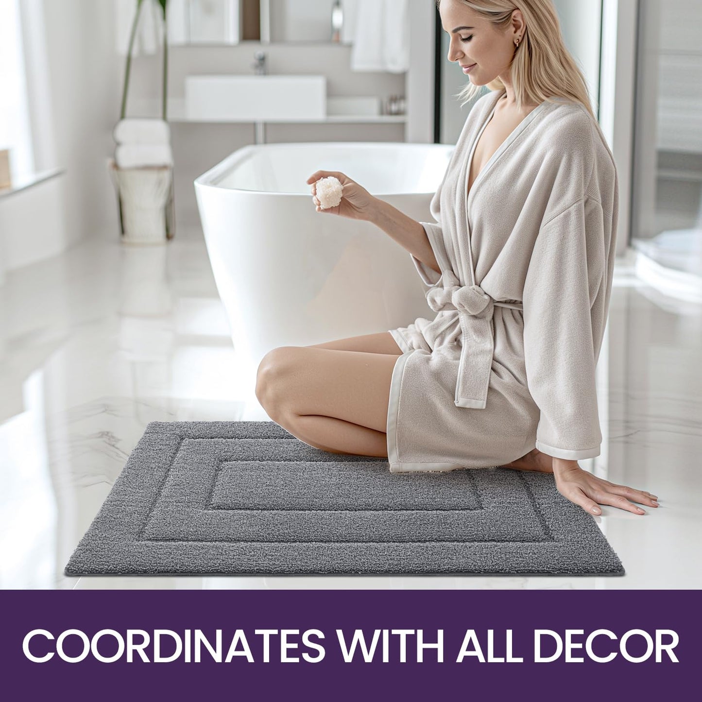 DEXI Ultra Soft Bath Mat 40 x 60 cm, Non-Slip Absorbent Microfiber Mats, Machine Washable Quick Dry Rugs, Bathroom Accessories Decor, Grey