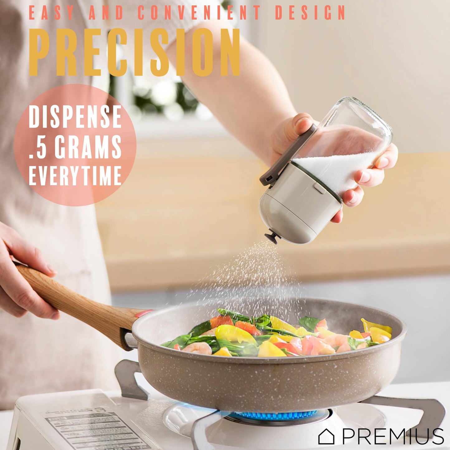 Glass Precision Spice Dispenser By PREMIUS, 8.45 Ounces, Durable Glass Bottle, Plastic Lid, Pour the Perfect Amount of Spices Every Time, Airtight Design with Sleek Glass, White
