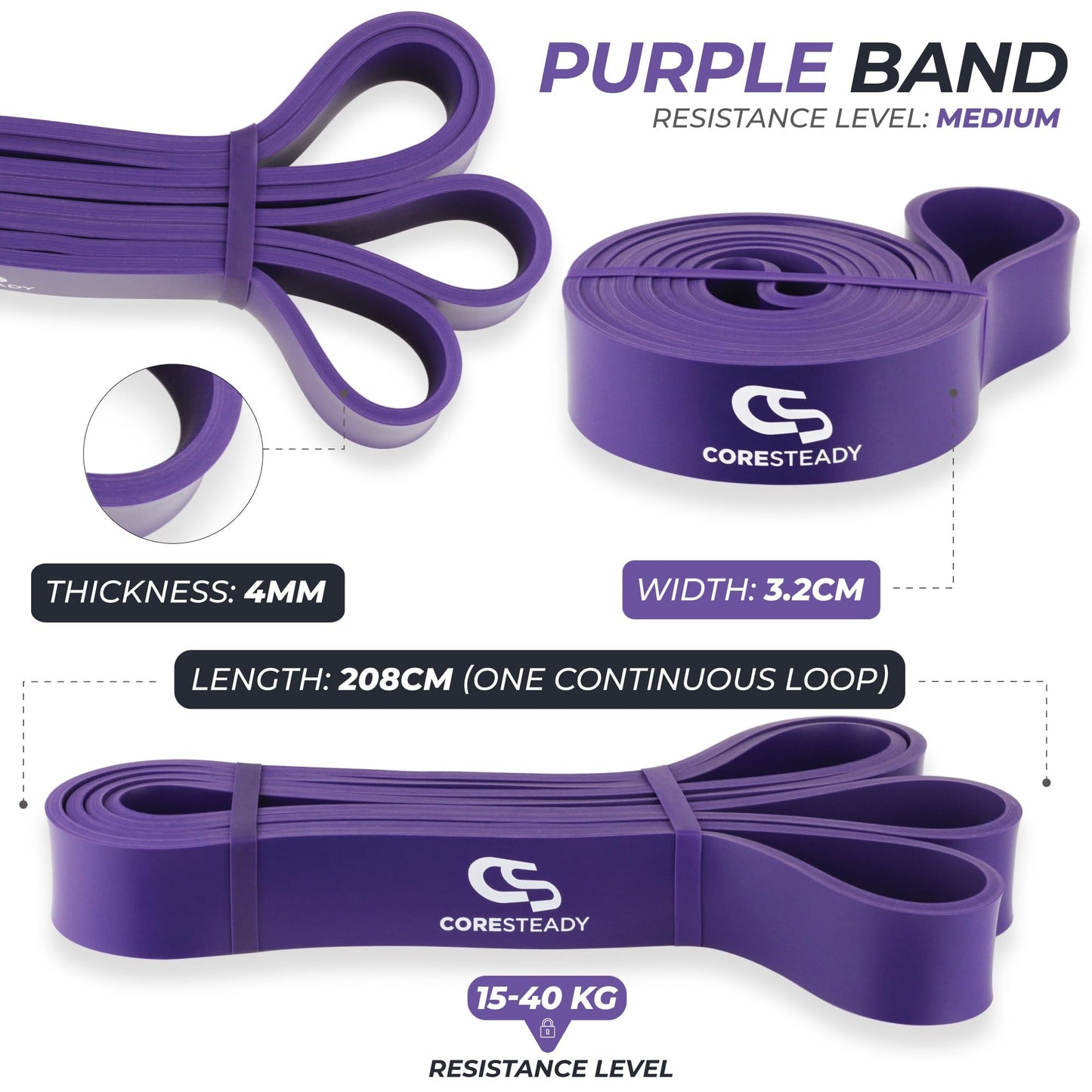 Coresteady Pull Up Bands & Resistance Bands - Rubber Heavy Duty Elastic Loop Band for Men & Women - Build Fit Power & Muscle - Training, Fitness Assist Pull Ups & Gym Exercise - Purple, 15-40kg