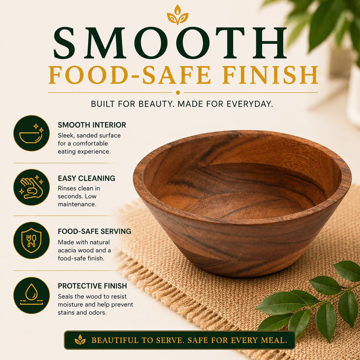 WEBHUSHI Acacia Wood Bowl Set of 4, 7-Inch Medium Serving Bowls, 700 Cubic cm Volume, 0.70 Liter Capacity, Brown