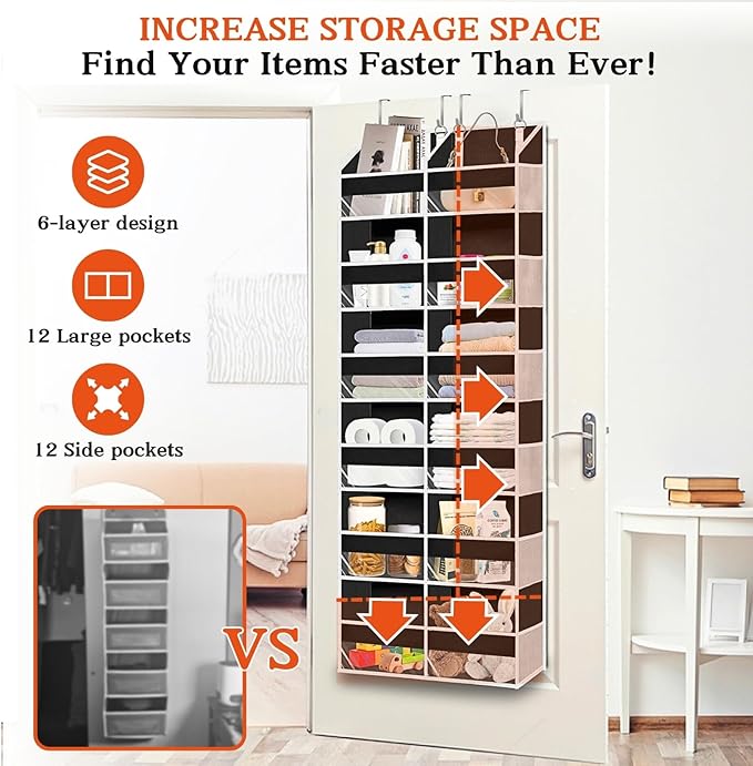 Over The Door Organizer 6 Tiers, Extra Large Behind Door Storage of 12