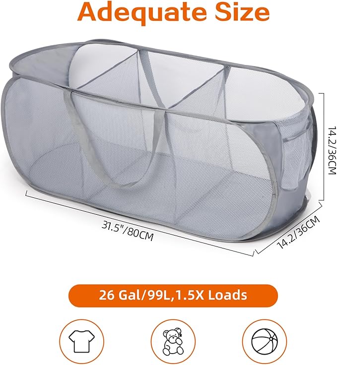 Durable Collapsible Foldable Pop Up Laundry Hamper, Sturdy 3 Compartments