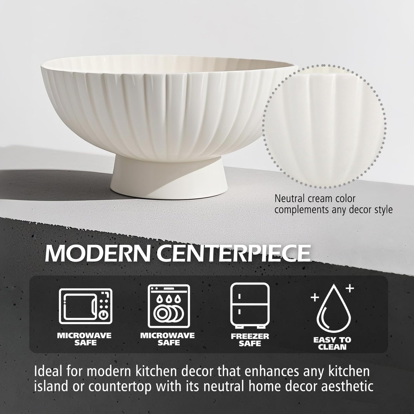 Modern 8 Inch White Ceramic Fruit Bowl - Small Footed Pedestal Fruit Bowl for Kitchen Counter, Farmhouse Chic Centerpiece for Dining Coffee Table & Home Decor,Key Ruffle Bowl for Entryway Table ﻿