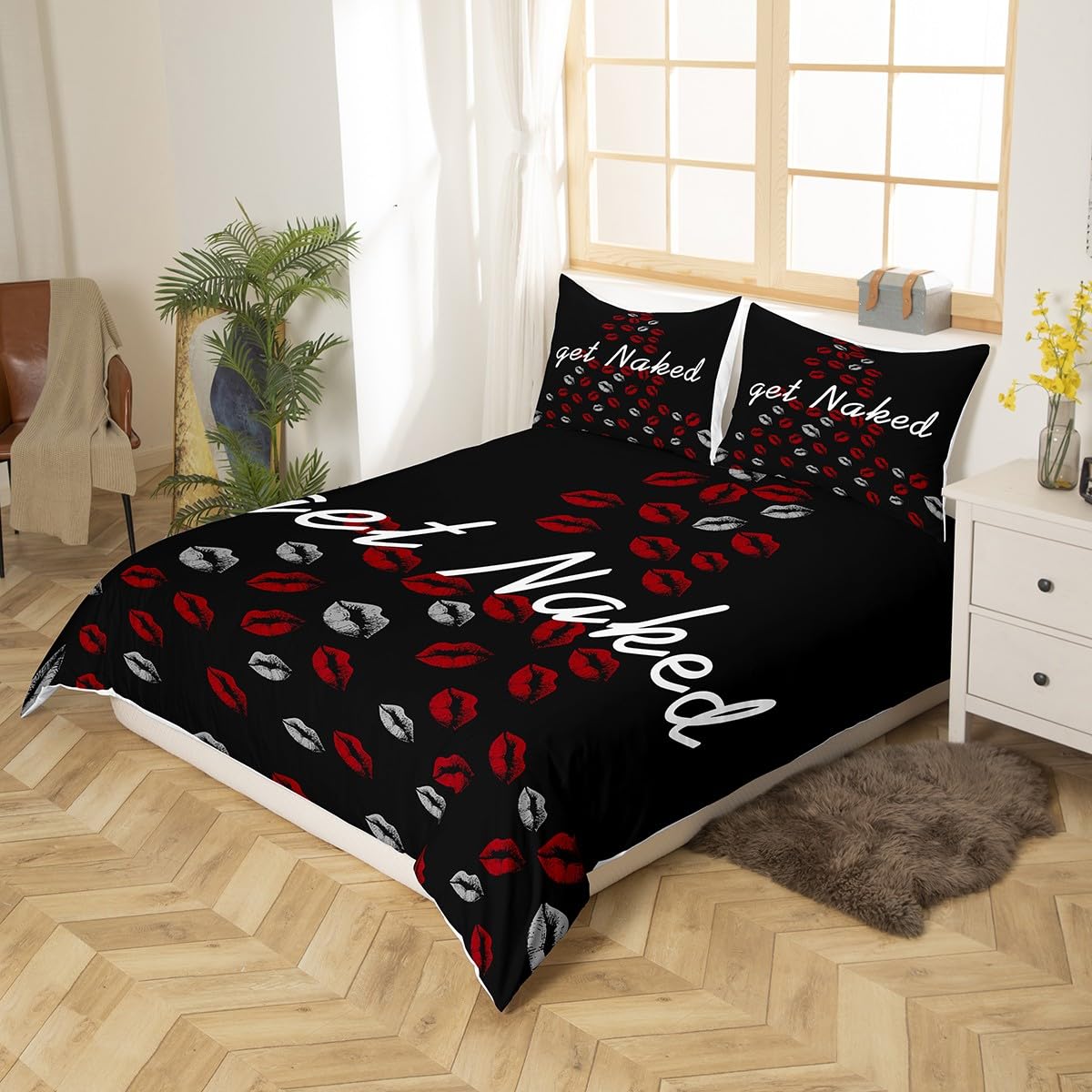 Feelyou Get Naked Duvet Cover Sexy Red Lips Bedding Set for Men Women Couple Lover Funny Quotes Kiss Comforter Cover Ultra Soft Decor Black and White Bedspread King Size Zipper (No Comforter)