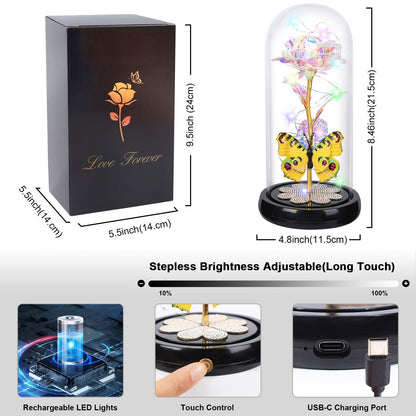 Mothers Day Rose Gifts for Mom Birthday Gift for Women, Rechargeable Galaxy Glass Rose in Glass Dome Colorful Crystal Flower Butterfly Mother's Day Flowers Gifts for Women Mom Wife Grandma Daughter