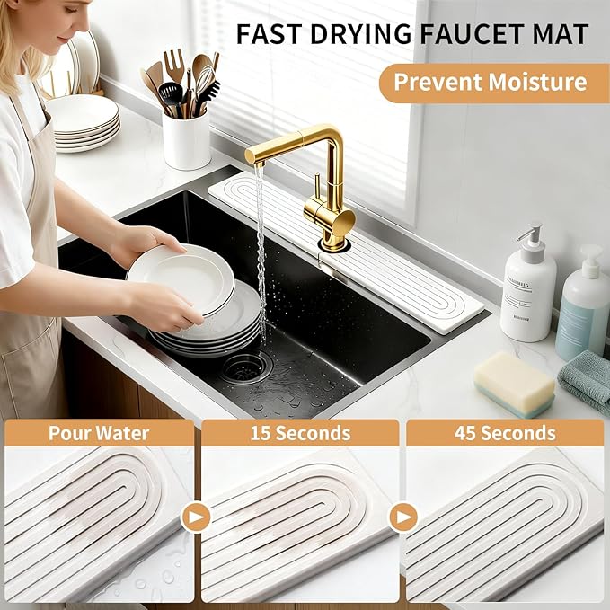 Quick Dry Absorbent Diatomaceous Earth Faucet Mat, Sink Water Splash Guard &