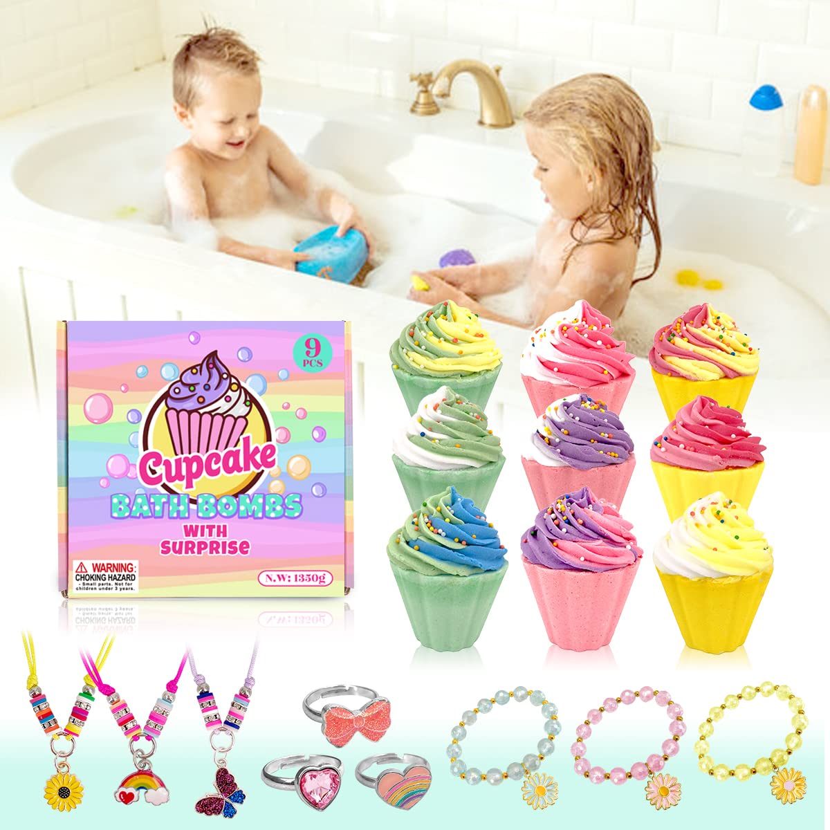 9 Pack Cupcake Bath Bombs for Kids with Surprise Inside, Kids Bath Bombs with Jewelry Inside for Kids Girls, Super Large Kids Bath Bombs for Children…