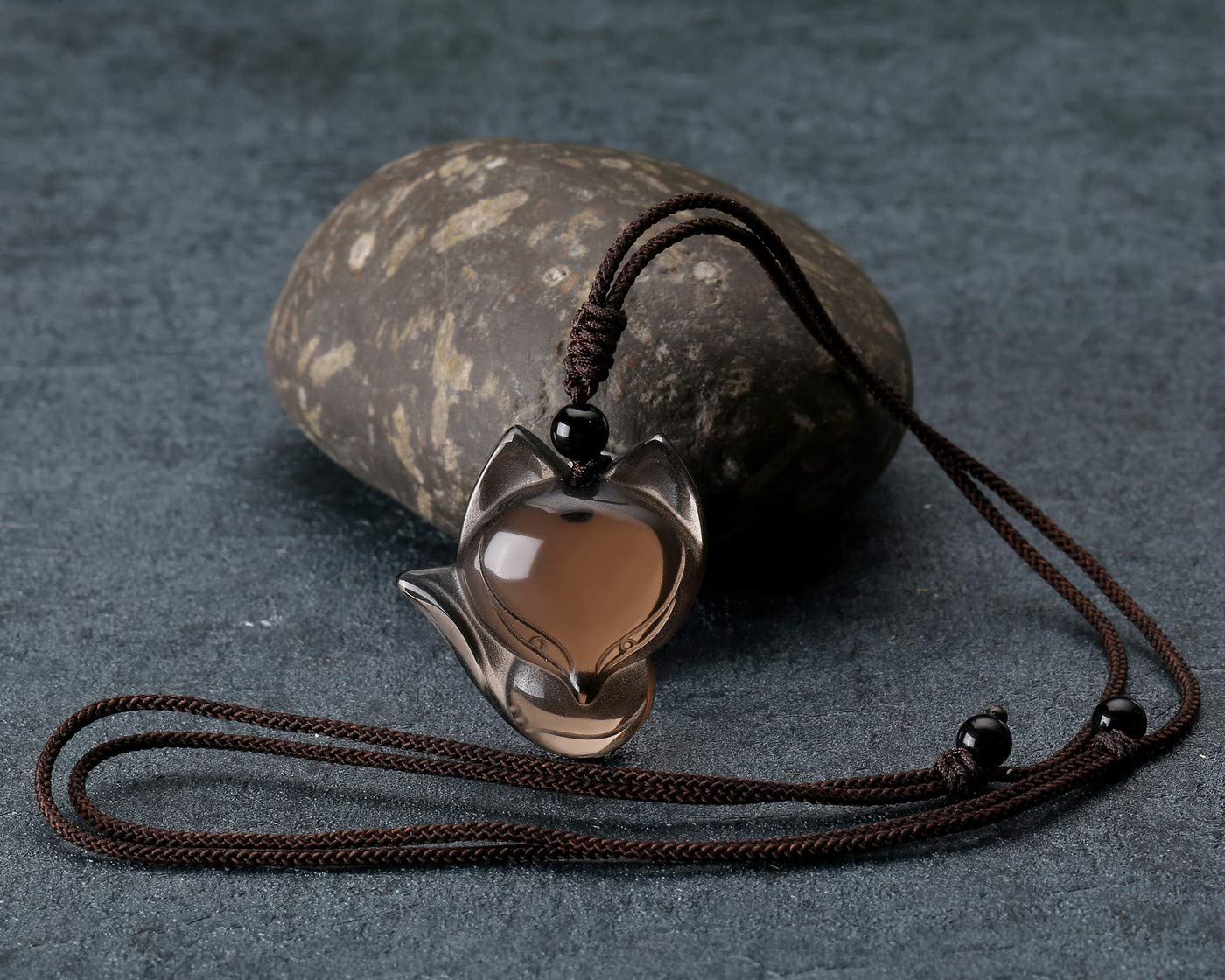 Jovivi Natural Ice Obsidian Fox Crystal Necklace Healing Stones Gemstone Necklaces Pendant Protection Amulet Charm