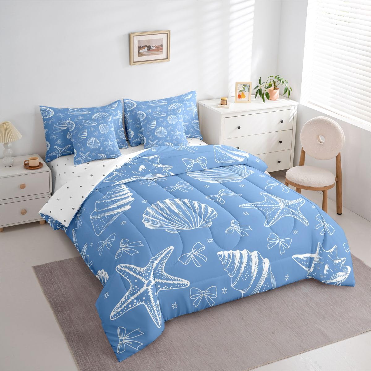 Feelyou Starfish Beach Comforter Set King Size 7 Pieces Blue Bow Shell Bedding Set for Kids Boys Girls Coastal Beach Ocean Bed in a Bag with Comforter, Sheets, Pillowcases, Cushion Covers