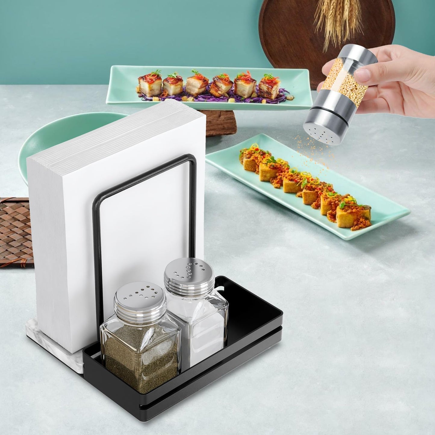 Napkin Holder, Marble Napkin Holder for Table with Salt and Pepper Shakers Caddy, Standing Paper Napkin Storage for Kitchen Dining Table Decor, Marble & Metal Base, Black