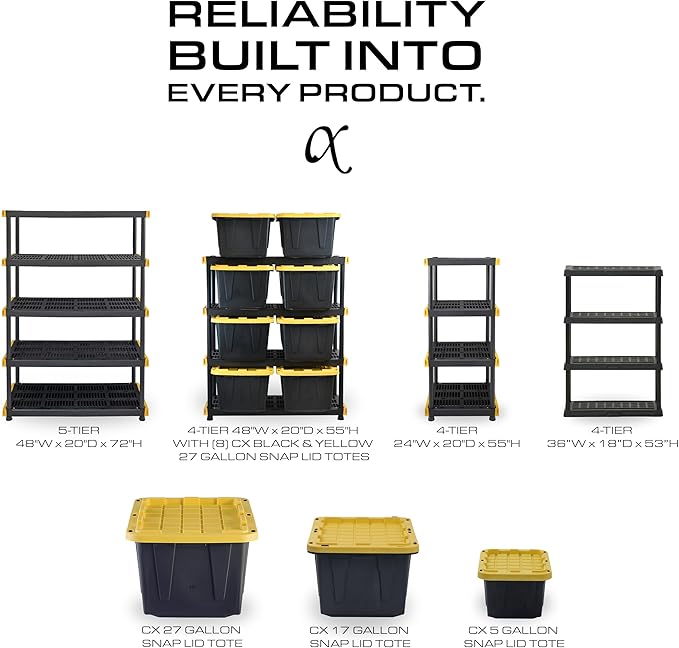 BLACK & YELLOW 5-Tier Heavy Duty Plastic Storage Shelving Unit, 5 Shelves Support up to 100lb/shelf, Organization and Storage, Weather-Resistant Design, Easy Assembly, American Made (72H x 24W x 20D)