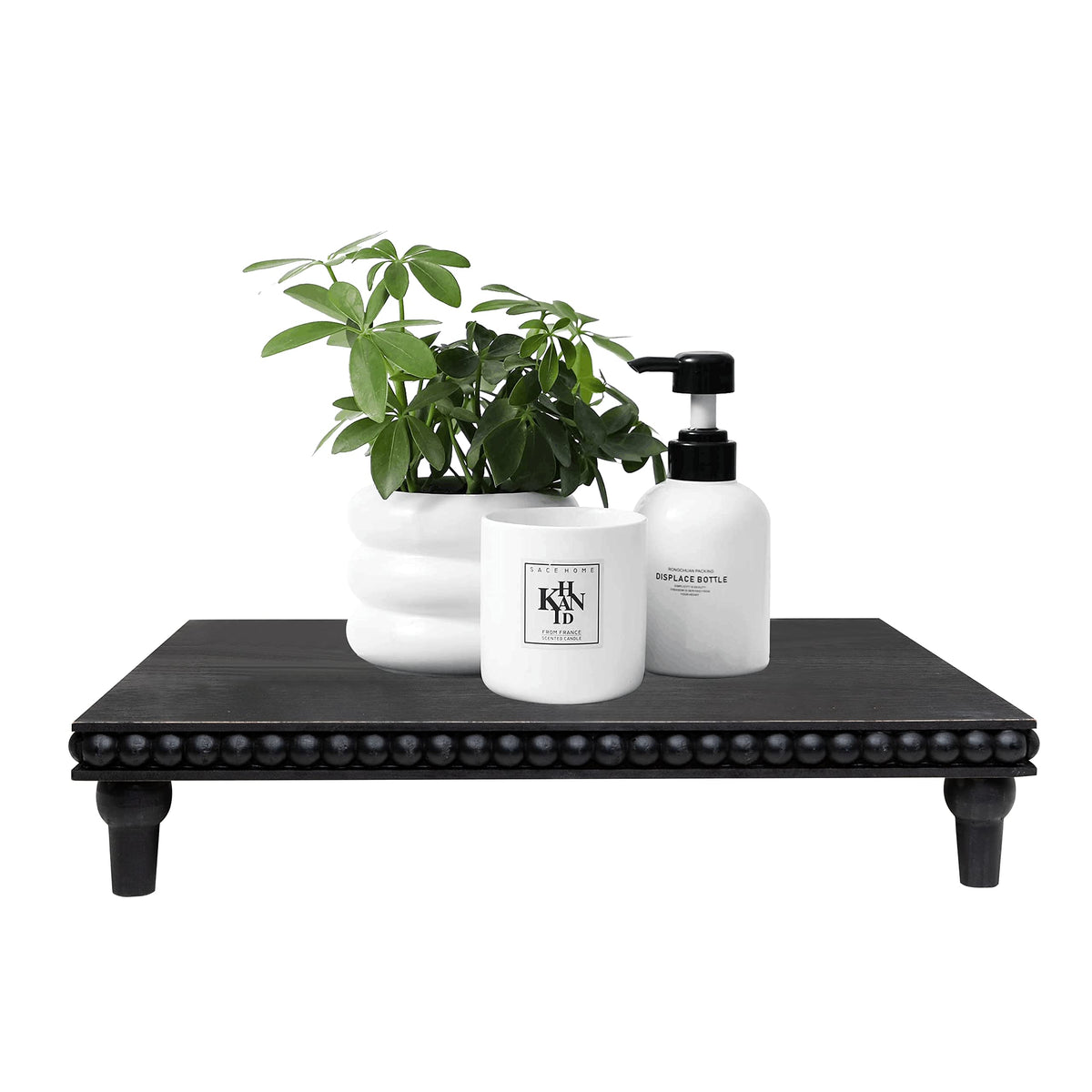 GENMOUS Farmhouse Black & White Distressed Wood Display Stand, 3-Tier Beaded Pedestal Tray for Bathroom, Kitchen, or Living Room Decor