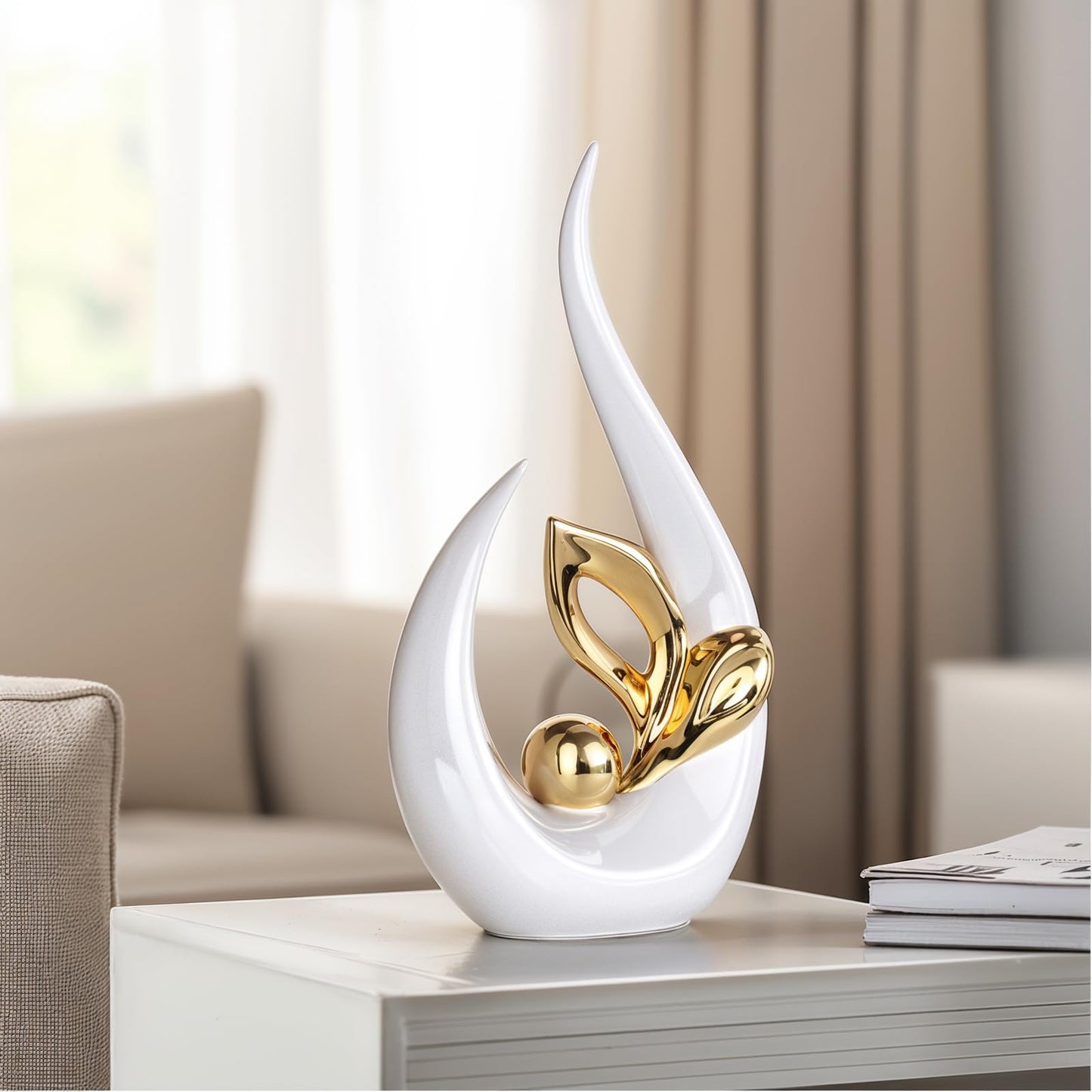 White Gold Home Decor Accent,Abstract Ceramic Statue and Sculptures for Living Room,Mid Century Modern Decor for Desktop Bookshelf tv Stand Fireplace Coffee Table Centerpieces Decorations