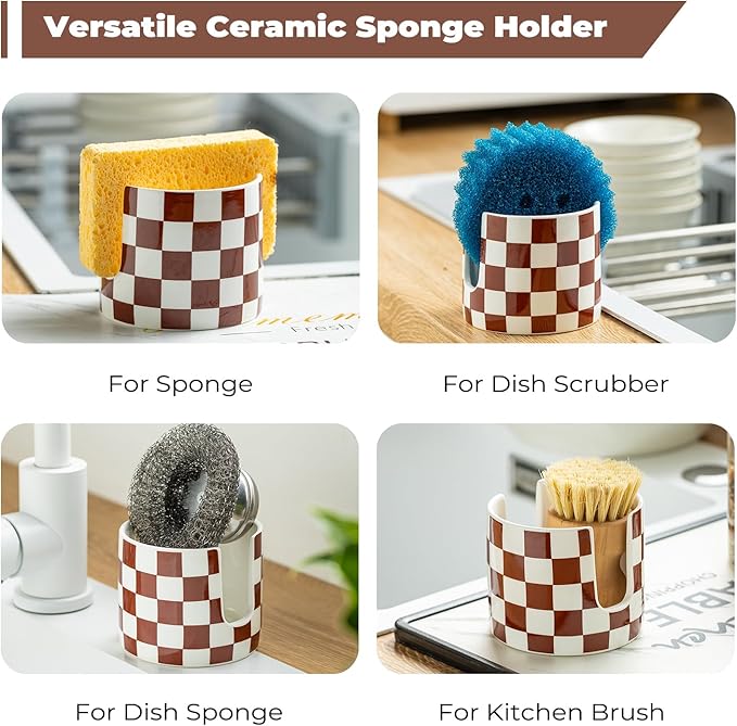Checkered Sponge Holder for Kitchen Sink, Ceramic Dish Sponge Drying Caddy