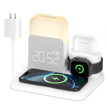 Alarm Clock with Wireless Charger for Bedrooms, 6 in 1 Wireless Charging Station, Magnetic Charger with Night Light Bedside Clock for iPhone 16 15 14 13 12 Pro Max, Apple Watch, AirPods