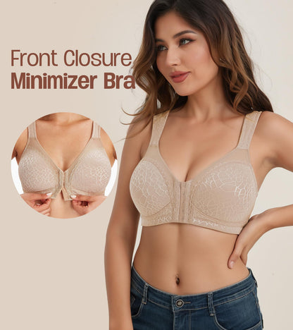 HACI Women's Front Closure Posture Bra Full Coverage Back Support Wireless Unpadded(Beige,38DD)