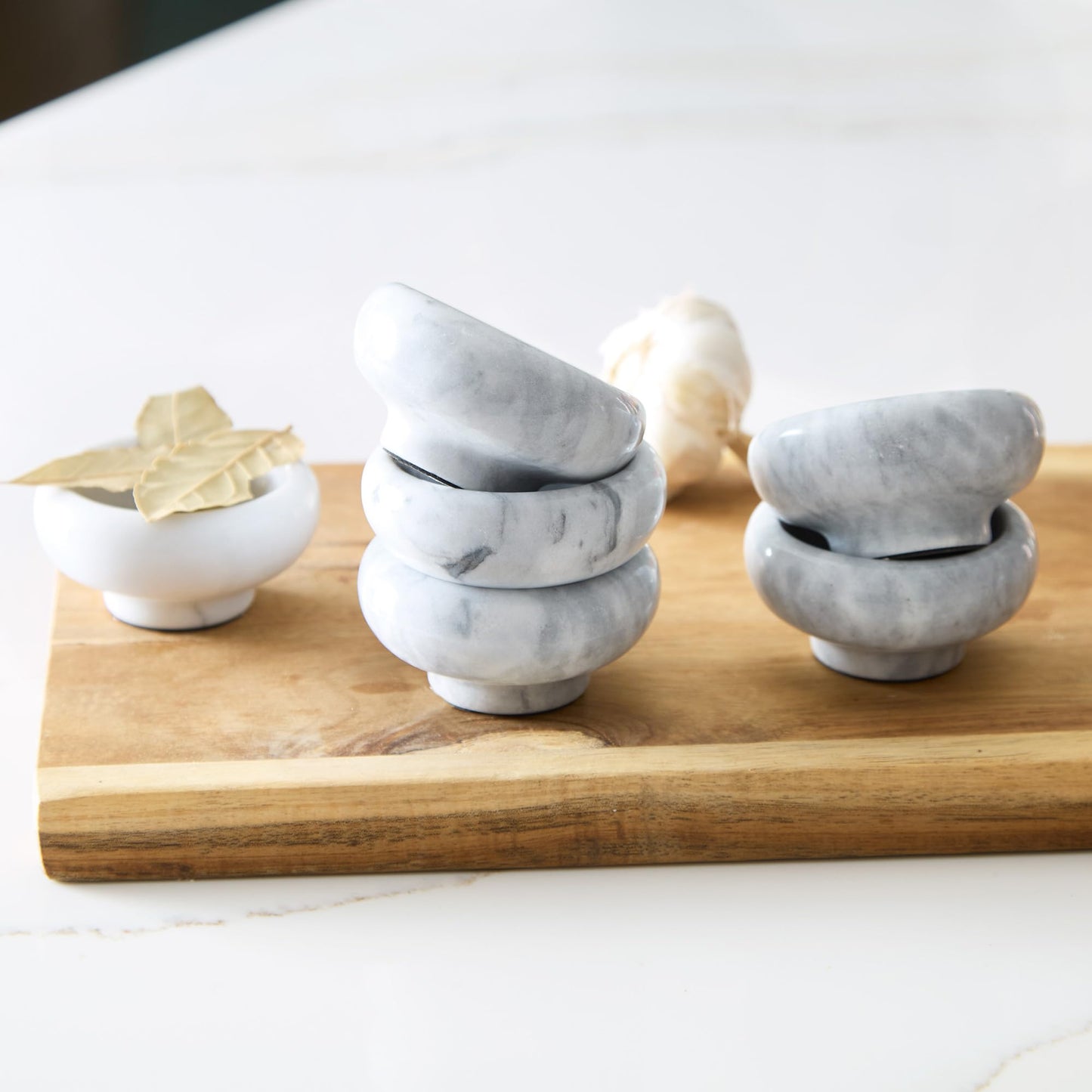 RSVP International Herb & Salt Containers for Countertop Polished Marble Dish/Bowl, 2.75" Diameter x 1.5", Natural White