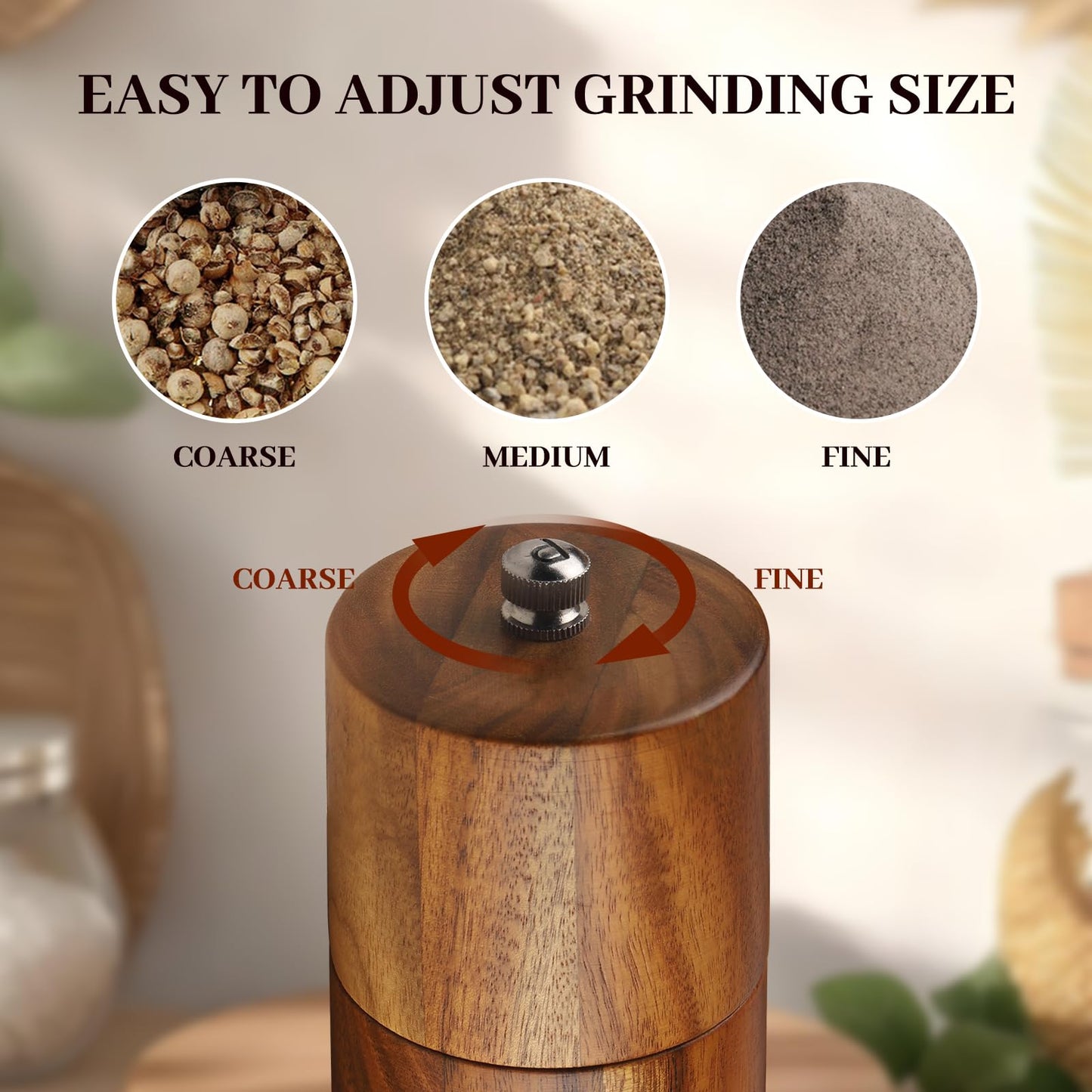 Acacia Wood Salt and Pepper Grinder Set with Base - Adjustable Ceramic Rotor Manual Pepper Mill and Salt Shaker - Refillable Wooden Spice Grinders for Kitchen Cooking, Farmhouse Decor & Gifts