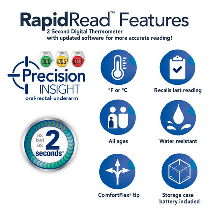 Vicks RapidRead Digital Thermometer, Temperature Readings in 2 Seconds, Use as Oral Thermometer, Baby Rectal Thermometer or Under The Arm, Water Resistant