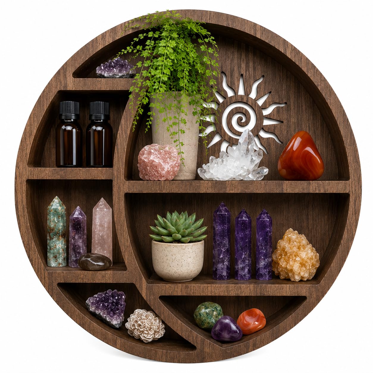 Nimpro Wooden Crescent Moon Shelf for Wall Decor – Boho Crystal Display Shelf with Sun Cutout – Hanging Storage for Crystals, Essential Oils & Plants – Bedroom, Dorm, Nursery – 14x14x3.5 Inches