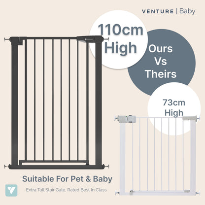 Venture Q-Fix 110cm, 73-80cm wide pressure fit baby gate extra tall safety gate for stairs. Easy Assembly Toddler and pet safety gate. 90° two way open, auto close. (BLACK, QFIX GATE 73-80)